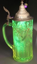 Rare C1900 German Uranium Vaseline Glass Beer Stein Tankard w/ Lid Pre WW2