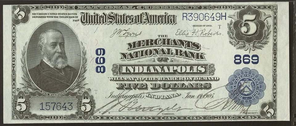 1902 $5 Plain Back Fr.598 The Merchants NB Indianapolis IN Low CH#869 PMG UNC 63 - Image 3 of 4
