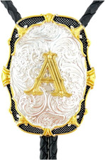 Bolo Tie Golden Initial Letter a to Z in Western Cowboy Medal Style with Cowhide