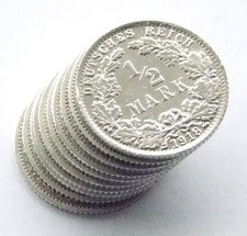Lot GERMAN Half 10x 1/2 MARK 1905 - 1919 Silver EMPIRE WW1 NICE Old Coin History