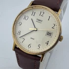 Vintage Timex Quartz Watch Men Gold Tone Leather LA Cell Date Analog New Battery
