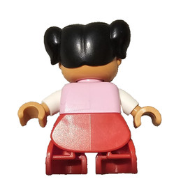 LEGO Duplo Girl Red Legs, Pink Top, Bow Tie, Black Hair Pigtails  - Excellent