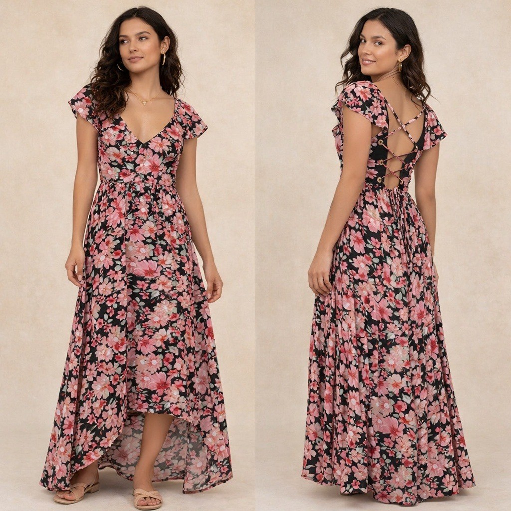 Rewind Floral High-Low Maxi Dress sz XL Lace-Up Back Boho Cottagecore Garden