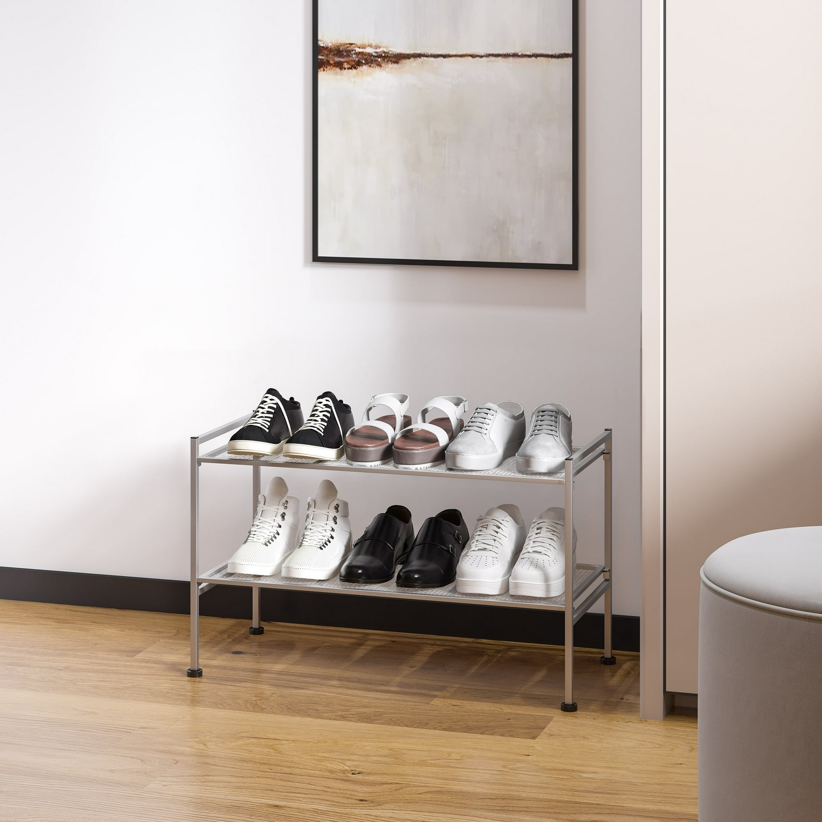 Seville Classics 2-Tier Stackable 9-Pair Metal Mesh Shoe Storage Rack Organizer,