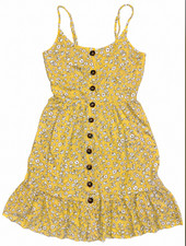 Japna Floral Button Front Dress Medium M Yellow Smocked Back Pockets Boho Casual