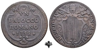 STATO PONTIFICIO Roma Baiocco romano 1752 RARO Papa Benedetto XIV anno XII