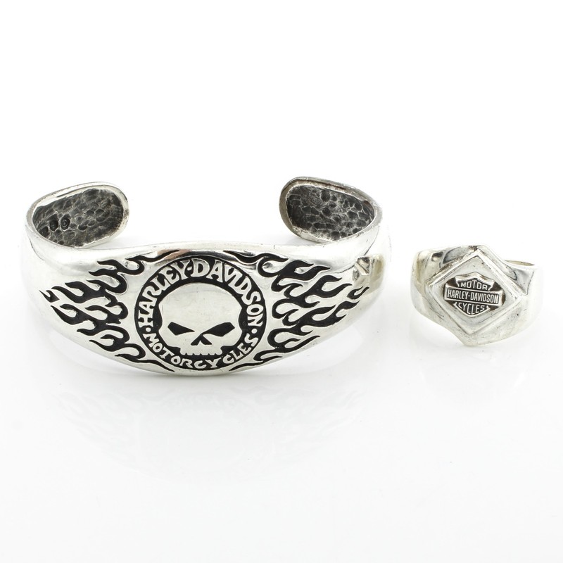 Harley-Davidson Sterling Willie G Skull Flames Bracelet Ring Lot of 2 #S5594-2