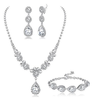Jstyle Rhinestone Bridal Jewelry Set Necklace Bracelet Clip On Earrings for B...
