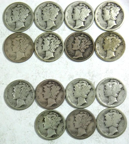 1923-P, 1923-S MERCURY DIME - TEN CENTS - LOT OF 15 - SILVER
