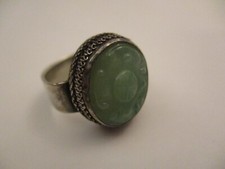 Vintage Sterling Silver Ring Carved Green Jade Stone Eastern Asian Size 5