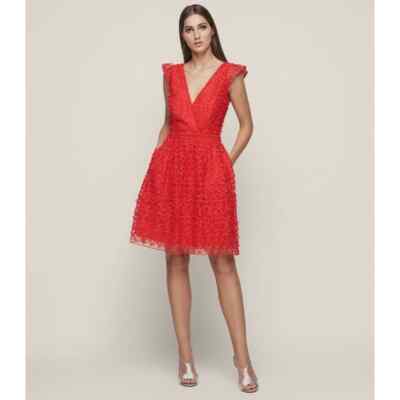 Reiss Abrianna Red Lace V-Neck Cap Sleeve Cocktail Dress Size 4 | eBay