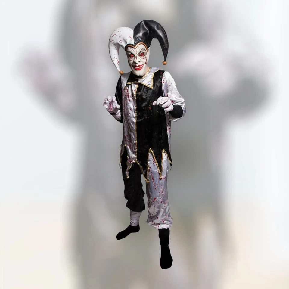 Juego de disfraces de arlequín malvado, bufón. Payaso, iluminar ojos rojos, circo medieval Foto 2 de 4