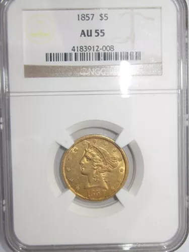 1857 LIBERTY HEAD HALF EAGLE $5 DOLLAR GOLD COIN NGC-AU55 SHARP COLOR RARE
