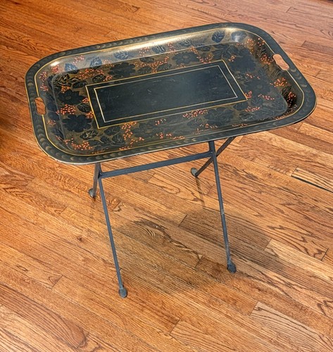 Vintage Hand Painted Roses & Garden Flowers Tole Tray Table, Metal Base