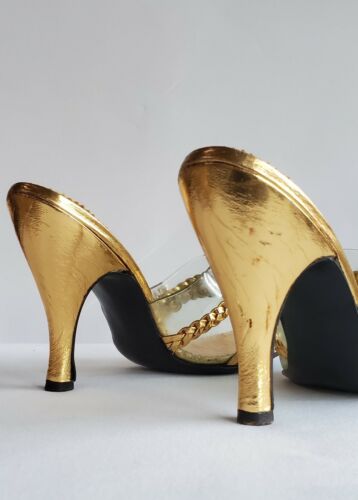 Vintage 50er 60er Jahre Gold Lucite Absätze Gr. 4 AB Kristall Akzente geflochtenes Gold Leder - Bild 6 von 11