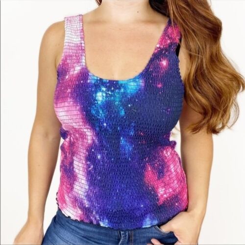 HOT TOPIC Smocked Galaxy Crop Tank Top XLarge Tie Due Purple Pink Punk - Picture 1 of 5