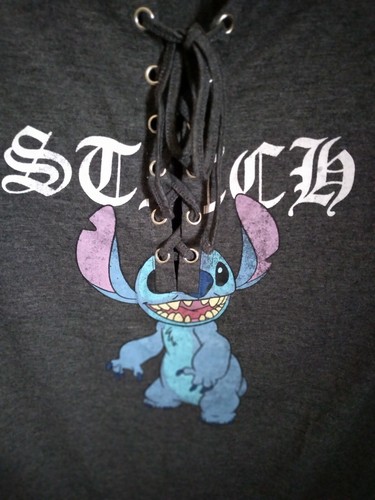 Disney T-Shirt Juniors L Stitch Graphic Lace-Up Neckline Short Sleeve Gray - Picture 2 of 3