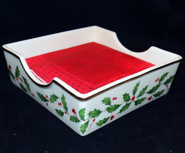 Lenox China Christmas Holiday Napkin Holder Red Napkins 800962 Holly