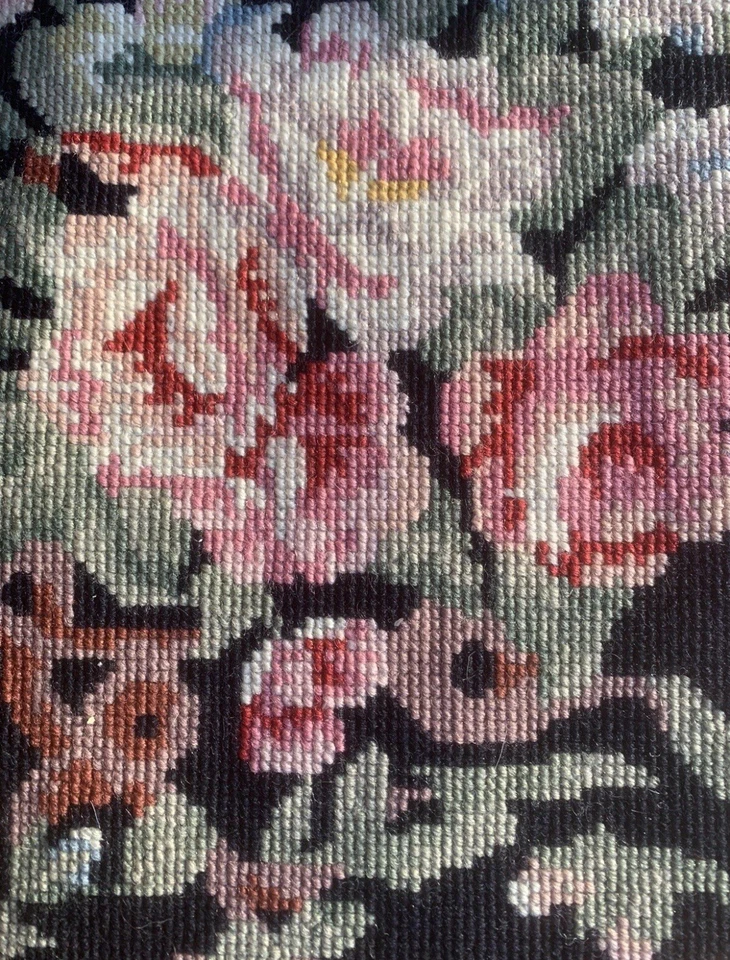 Vintage Needlepoint French Aubusson Rug  *EUC* Black Floral W/ Pink Roses 5x8ft - Image 4 of 4