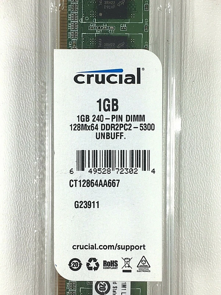Crucial 1GB DDR2 PC2-5300 Unbuffered 240 Pin DIMM RAM - CT12864AA667 For Desktop - Image 3 of 4