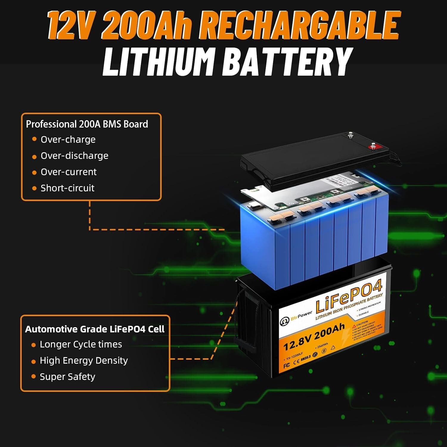 12.8V 200Ah 리튬 배터리 100A BMS LifePO4 딥 사이클 태양광 해양 태양광 RV용 3