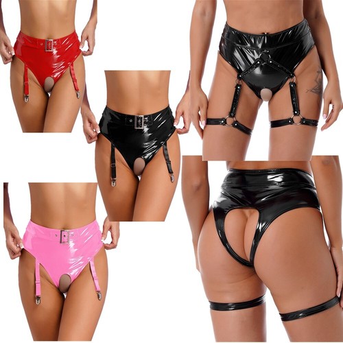 Pantalones Cortos Mujer Cuero Metálico Brillante Cintura Alta Liguero Botín Recortado - Imagen 2 de 54
