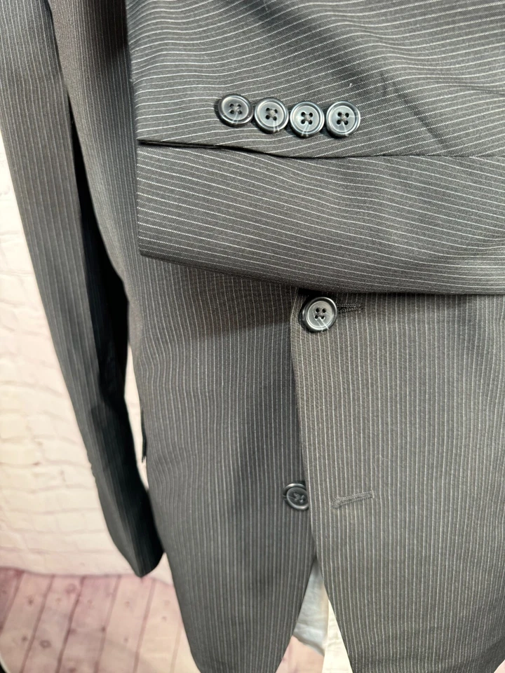 J.FERRAR Mens Black Pinstripe SLIM FIT Flat Frt 2 Pc Suit 44S Jacket 30x30 Pant - Image 4 of 4