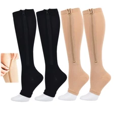 15-20 mmHg Moderate Compression Leg Calf Veins Open Toe Zipper Socks S/M, L/XL