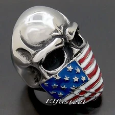 Men's Large American Flag Mask Skull 316L Stainless Steel Biker Ring