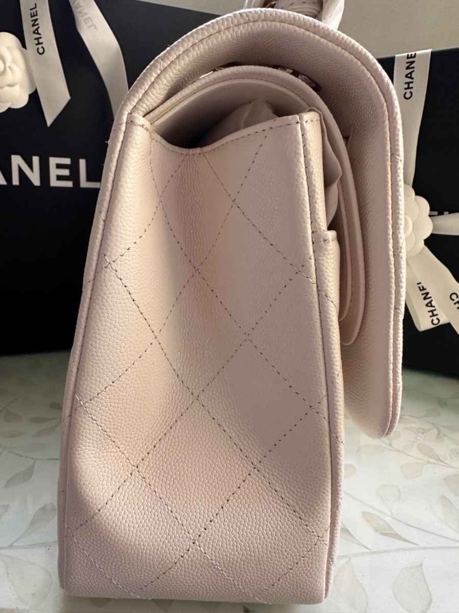 NEW CHANEL REV Jumbo Classic Caviar Double Flap White Bag