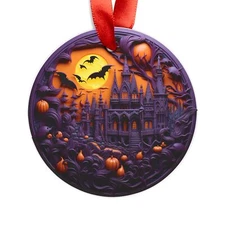 Halloween Purple & Orange Spooky Scene Acrylic Ornament, Fall gift, Tag