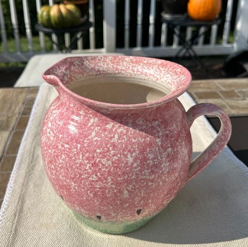 Large Spatterware Stoneware Pitcher Vase Jug Pink & Green - Picture 8 of 8