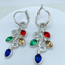 Gold-Tone Faceted Glass Bezel Beads Christmas Light Drop Dangle Hinged Earrings