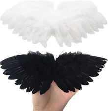 2Pcs Mini Black and White Angel Feather Wings for Crafts with Elastic Straps, Do