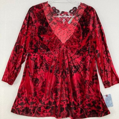 New Unity World Wear Large Black Red Abstract 3/4 Sleeve Stretch Blouse Y2K