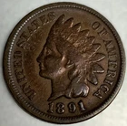 1891 Indian Head Cent Penny Fine Details Condition 1c One Cent US Coin- 3515