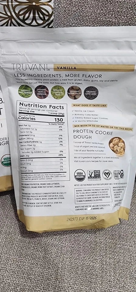 Truvani 2 Bolsas Proteína de Vainilla en Polvo 20.9oz 20 Porciones Ex 11/26 LOTE de 2 Nuevo Foto 2 de 2