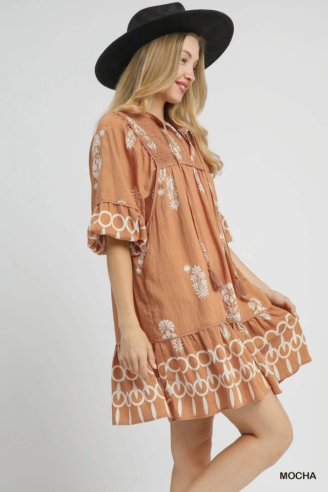 Umgee Printed Tie Waist Puff Short Sleeve Mini Dress