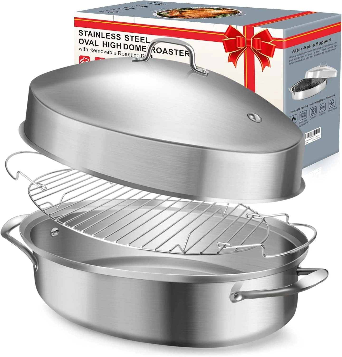 Large Roasting Pan with Rack and Lid, Gifts for mom women wife, Silver