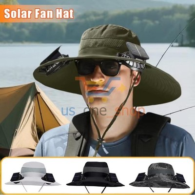 Solar Fan Hat Men Wide Brim Sun Fishing Outdoor Bucket Rechargeable With 2 Fan