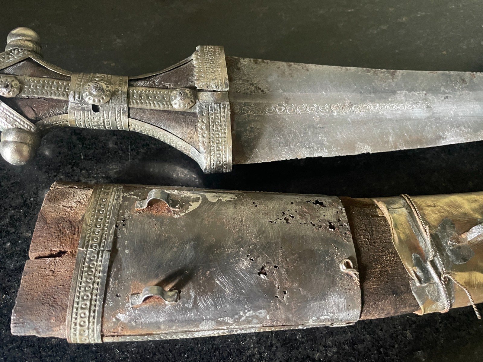 Antique Arabian Jambiya Dagger – Silver-Brass – Worn Scabbard – As is.