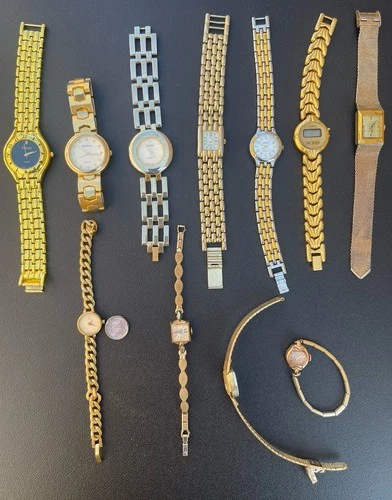 VINTAGE WOMENS WATCH LOT GOLD TONE FUTURA GENEVA TANGO TIMEX GRUEN HELBROS PARTS