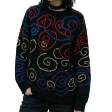Vintage 80s 90s Sweater G.F.C LTD M Colorful Swirls Black Knit Emo Funky Goth