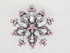 A111-VINTAGE PIN/BROOCH~PINK, CLEAR, BLACK~FLORAL~2.75" WIDE~PRETTY!