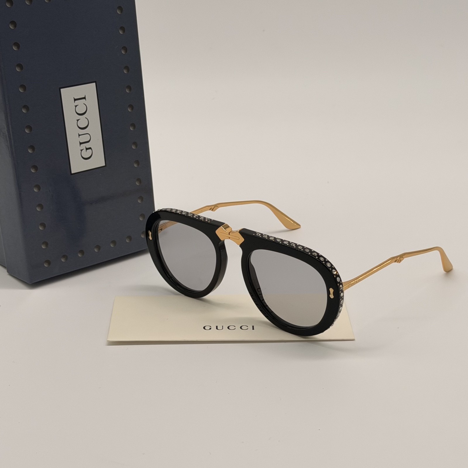 Gucci GG0307S Foldable Sunglasses Black w/ Crystal Studs Gray Lenses Ships Today