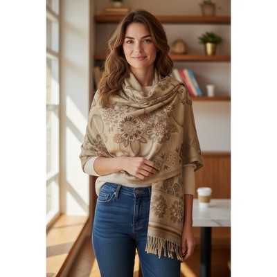 Tan Floral Paisley Jacquard Pashmina Wrap Scarf Fringe Bohemian Shawl 70x26''