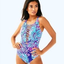 Lilly Pulitzer Isle Lattice in twilight blue gypsea girl one piece swimsuit HTF
