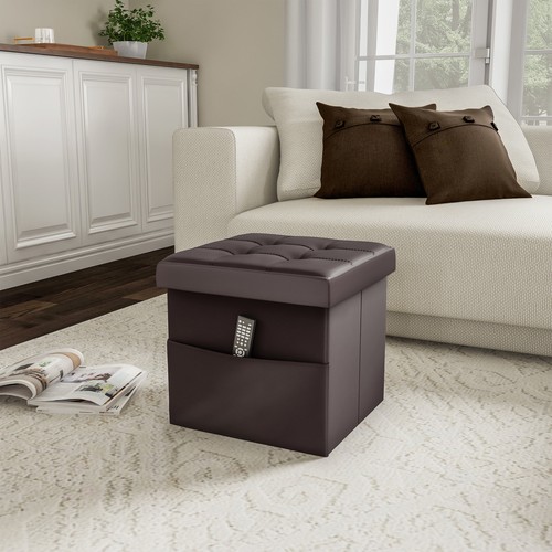 15-inch Folding Tufted Faux Leather Storage Ottoman with Pocket (Brown) - Picture 5 of 6