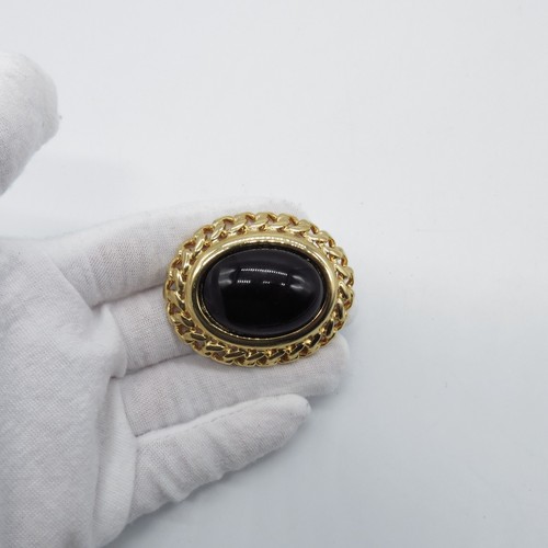 Vintage NAPIER schwarz Glas Cabochon Anstecknadel Brosche oval goldfarben schlicht klassisch - Bild 6 von 11