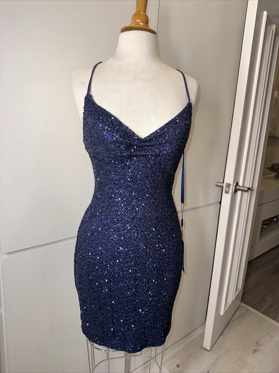 New La Femme 30104 Navy Sequin Strappy Back Short Dress 8 | eBay